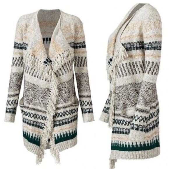 CABI Shetland Fringe Western Boho Drape Oversized Waterfall Cardigan Sweater - Picture 3 of 9
